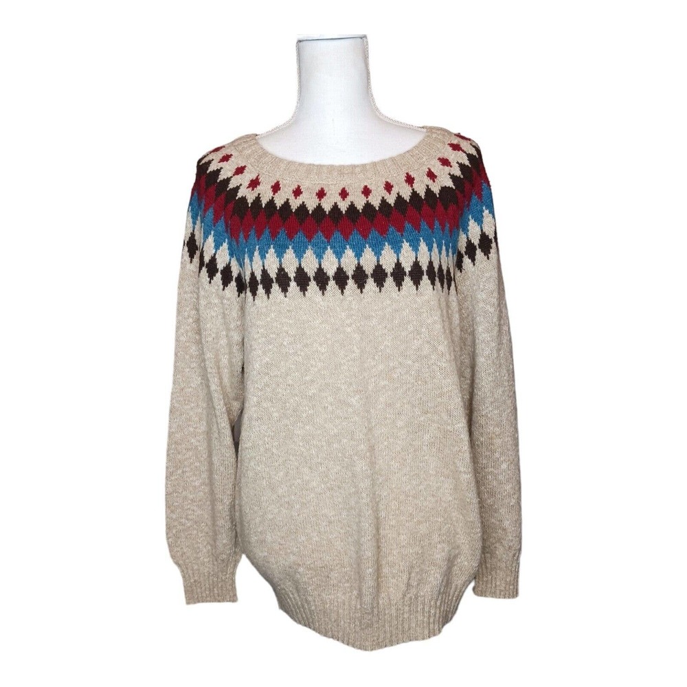 Vintage Sears Large Fair Isle Nordic Mock Neck Wool Blend Long Sleeve Sweater